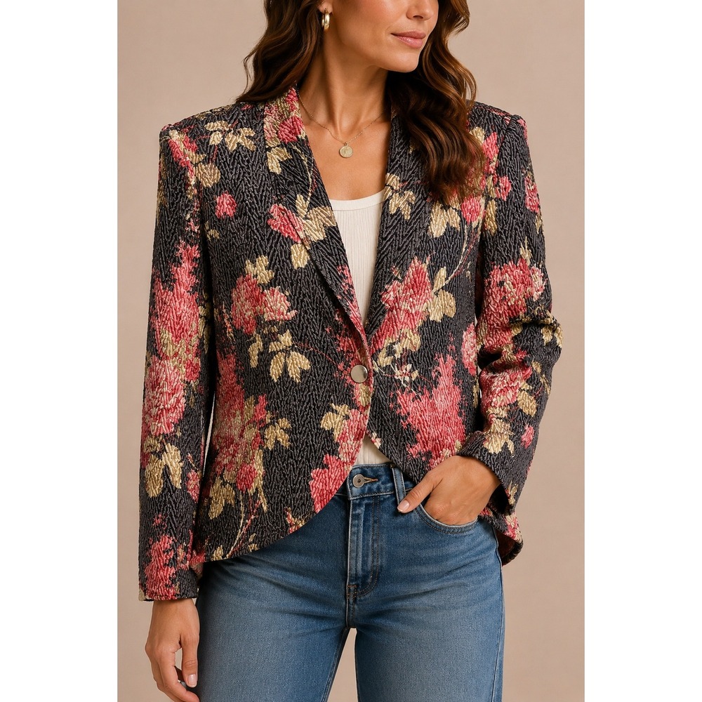Great Cavalier Floral Blazer Jacket 90s Vintage Boho Maximalist Pink Black XL
